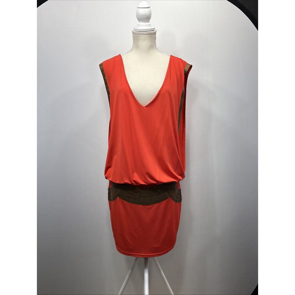 Bebe Red Gold Sequin Blouson Dress Women’s Small Banded Party Cocktail Mini